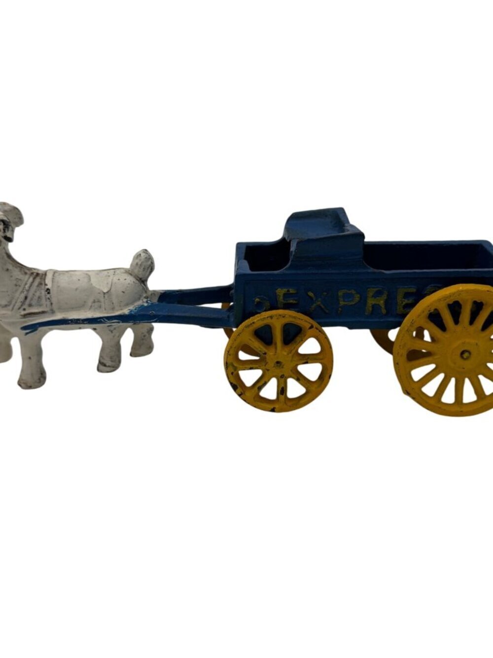 Vintage Cast Iron Blue Yellow "Express" Goat Ram Pulling Wagon Toy